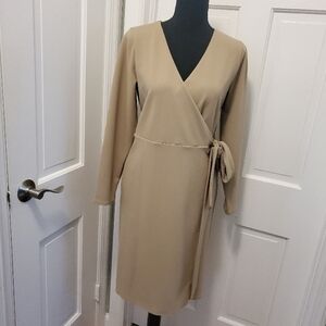 Alfani Beige Belted Wrap Long sleeve Surplice Neckline Wrap Dress Size SP